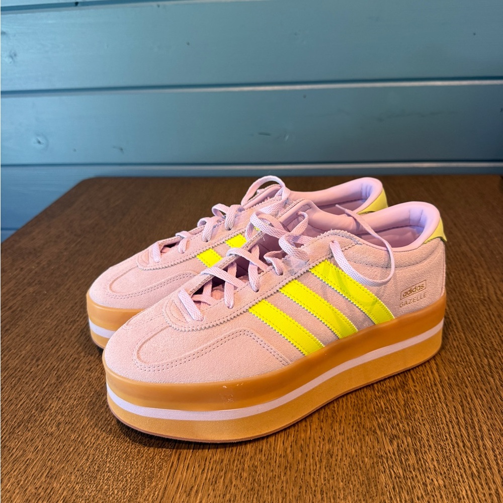 Adidas Gazelle Platform Sneakers - Light Pink with Neon Yellow Stripes